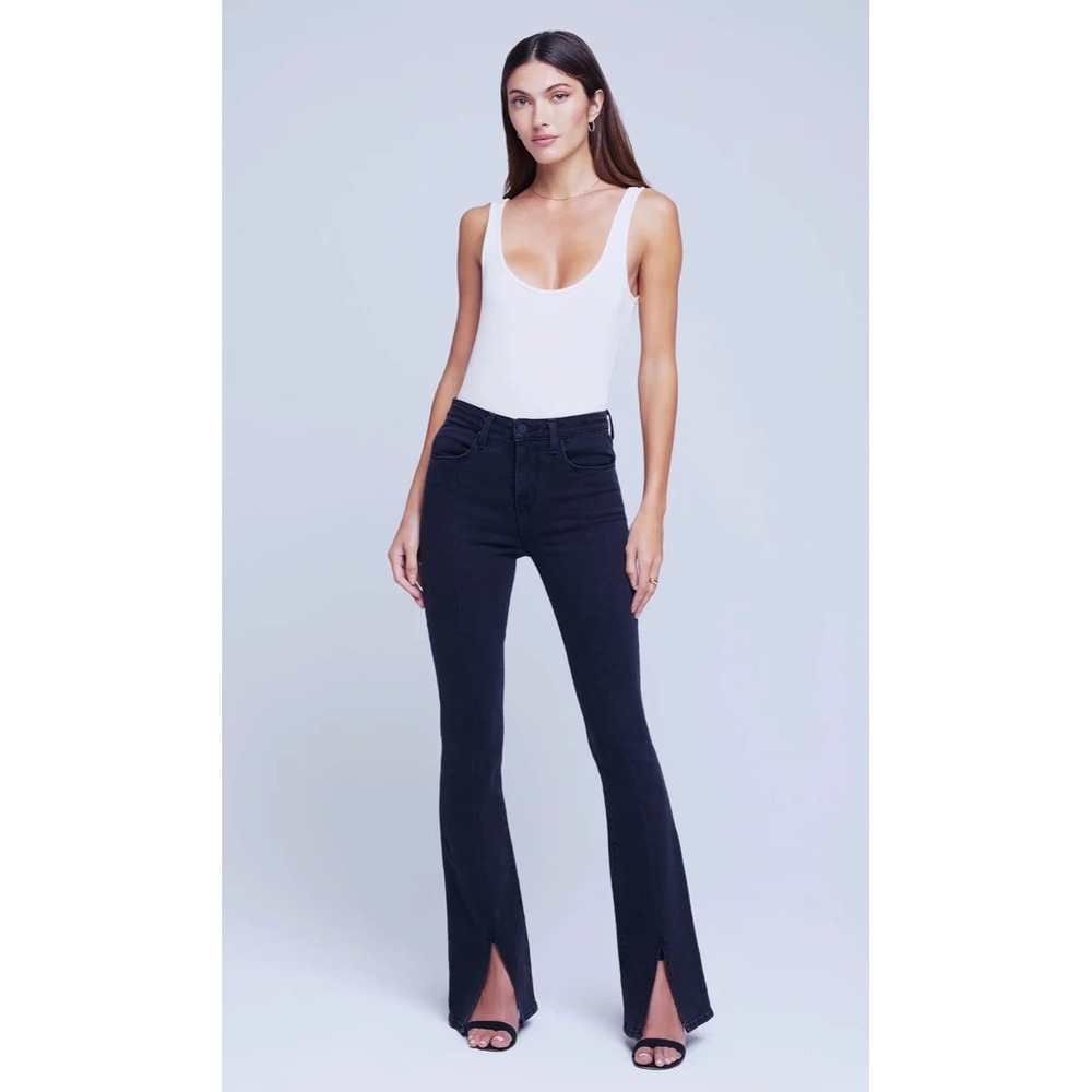 L'AGENCE Beatrix High Rise Coated Flare Jeans Noir Black Front Slit Size 27
